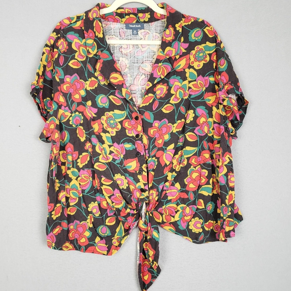 ModCloth Size 3X Tie Front Retro Floral Blouse Eclectic Dopamine Disco Summer‎